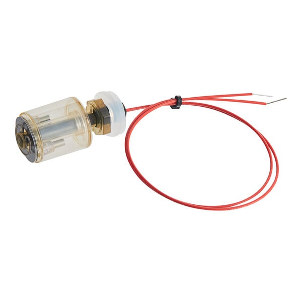 A close-up of a Bunn liquid level switch assembly with a red cable.