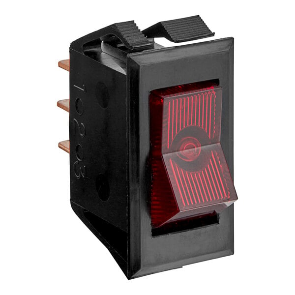 A black rectangular Bunn On / Off Lighted Rocker Switch with a red light.