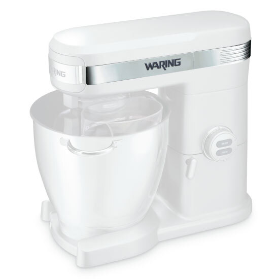 A white Waring mixer with a white cover over the bowl.
