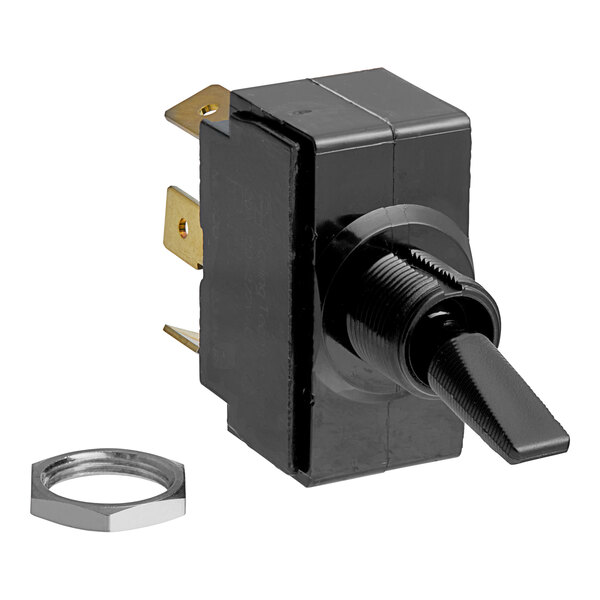 A black toggle switch with a metal ring and nut.