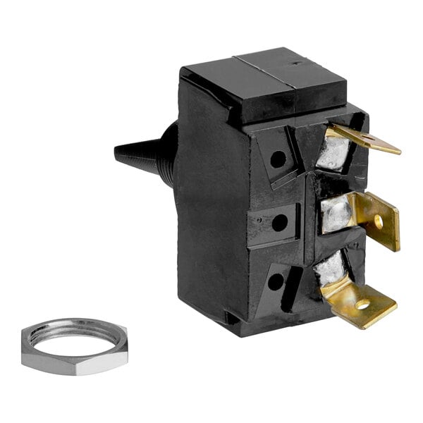 A black toggle switch for a Bunn coffee and tea brewer with metal parts.