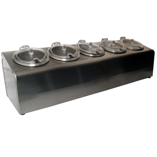 A Steril-Sil stainless steel 5-compartment condiment dispenser with silver containers with lids.