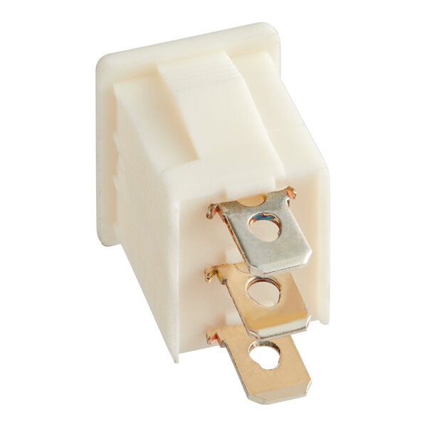 A white plastic box with metal prongs and a metal rocker switch inside.