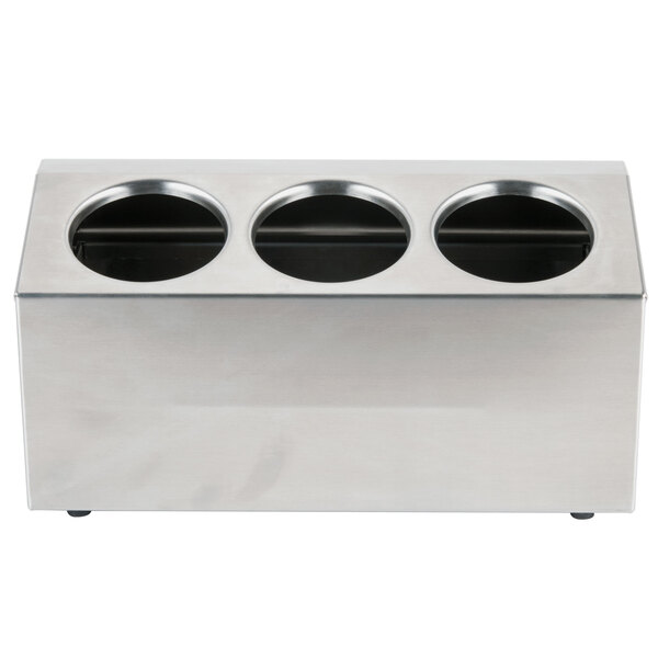 A Steril-Sil stainless steel ice-cooled condiment dispenser with three compartments on a counter.