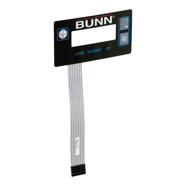 A black rectangular Bunn membrane switch with white text on a white label.