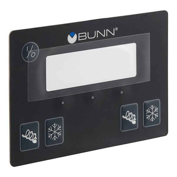 A black rectangular Bunn membrane switch with white rectangles and buttons.