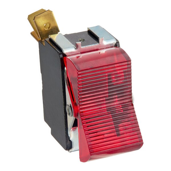 A Bunn red lighted rocker switch with a metal cover.