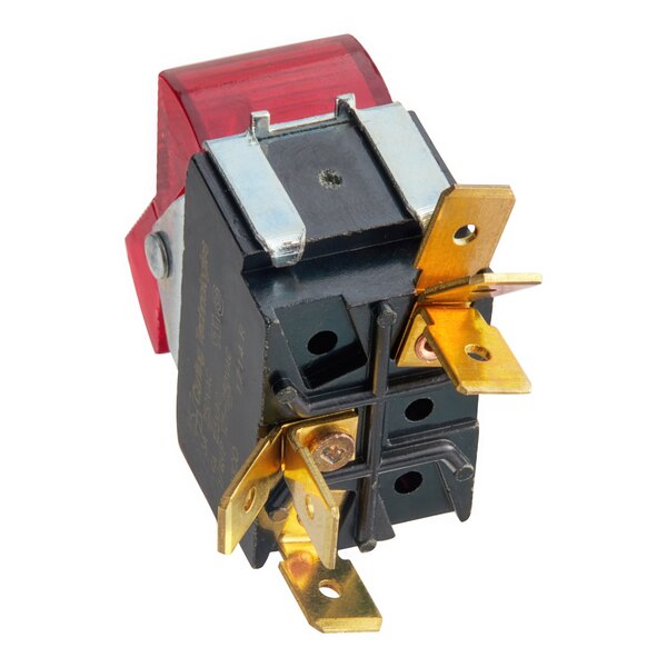 A close-up of a Bunn red lighted rocker switch with a black electrical device.