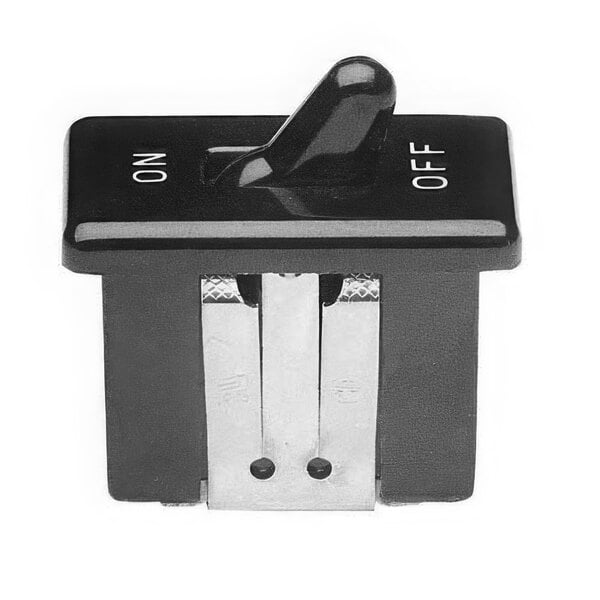 A close-up of a black Bunn toggle switch with a white background.