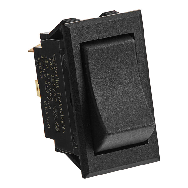 A black momentary start rocker switch with a black button.