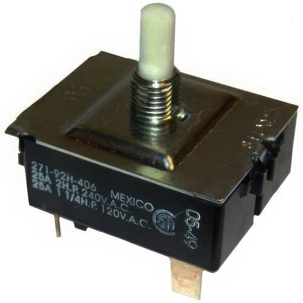 A small metal and plastic switch with a white button.