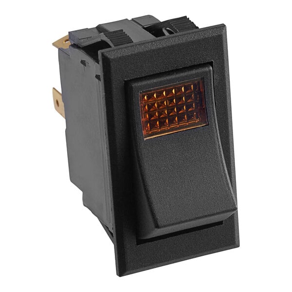 A black Bunn rocker switch with a square light on it.