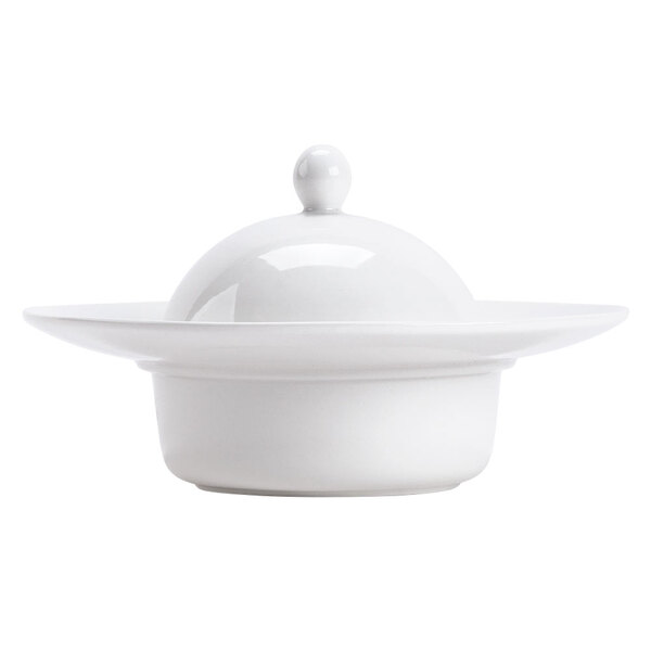 A white porcelain pasta bowl with a lid.