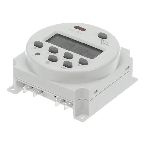 A white electronic Grindmaster-Cecilware defrost timer with a screen.