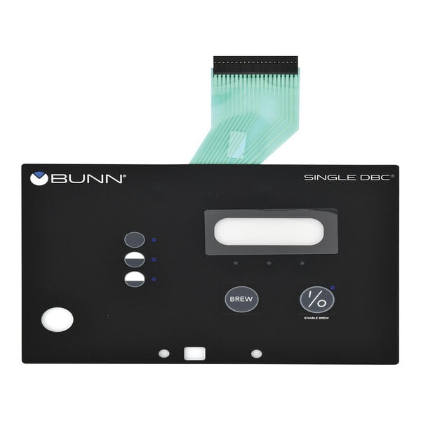 A black rectangular Bunn membrane switch with a green ribbon, buttons, and a label.