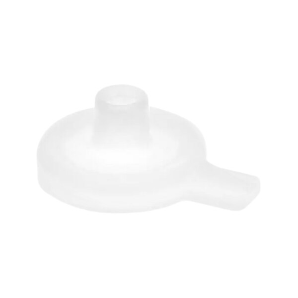 A white plastic restrictor cap with a hole on top.