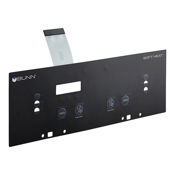 A black membrane switch panel for a Bunn coffee brewer with white ribbon buttons.