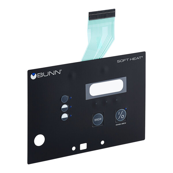 A black rectangular Bunn membrane switch with buttons and a blue cord.