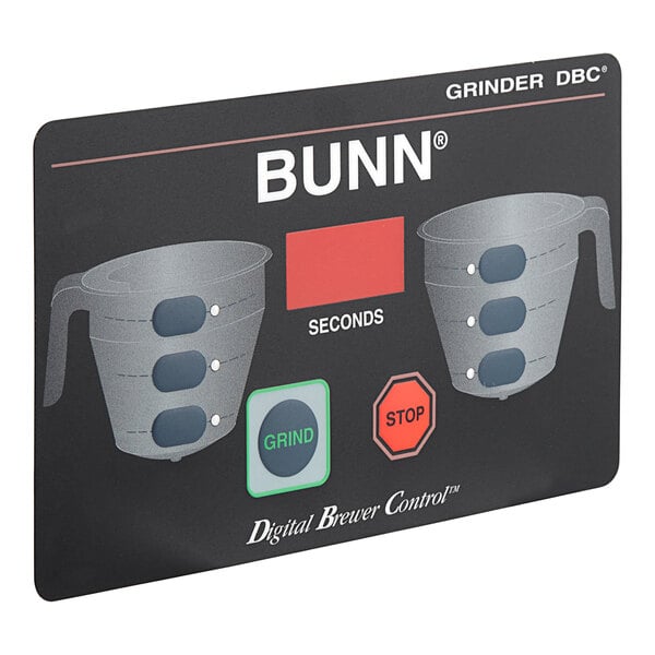 A Bunn membrane switch on a black card with images of coffee cups and red buttons.