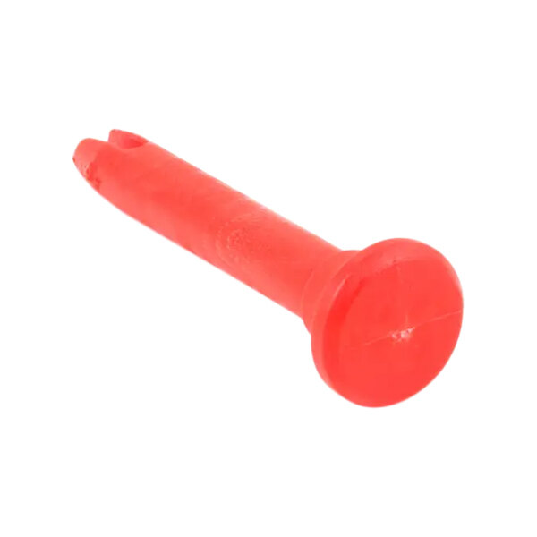 A close up of a red plastic screw with a round head.