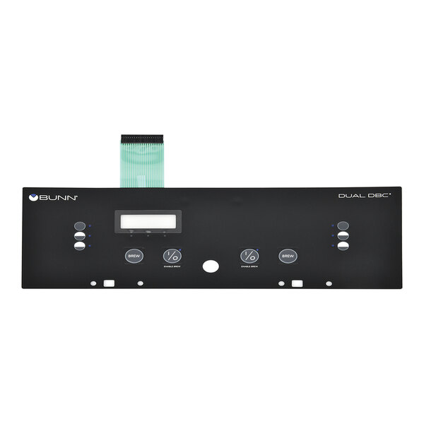 A black rectangular Bunn membrane switch with white buttons and a green ribbon.