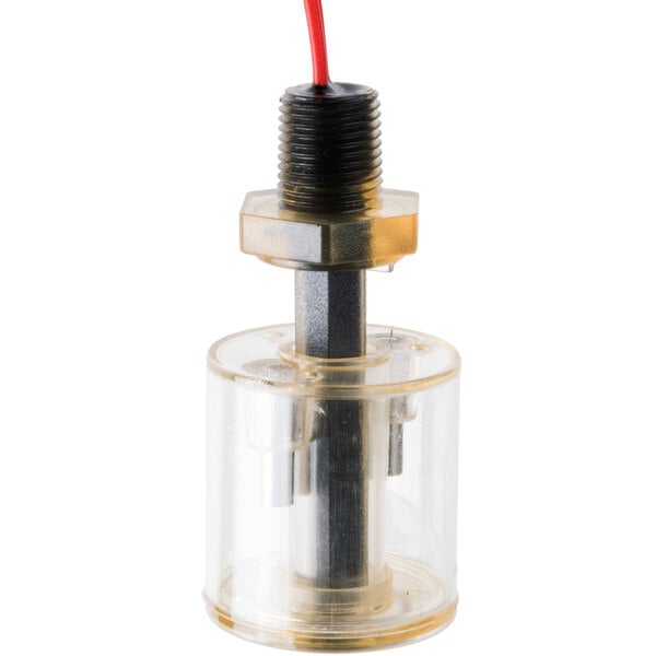 A close up of a Bunn float switch with terminals, a small plastic water pump with a red wire.