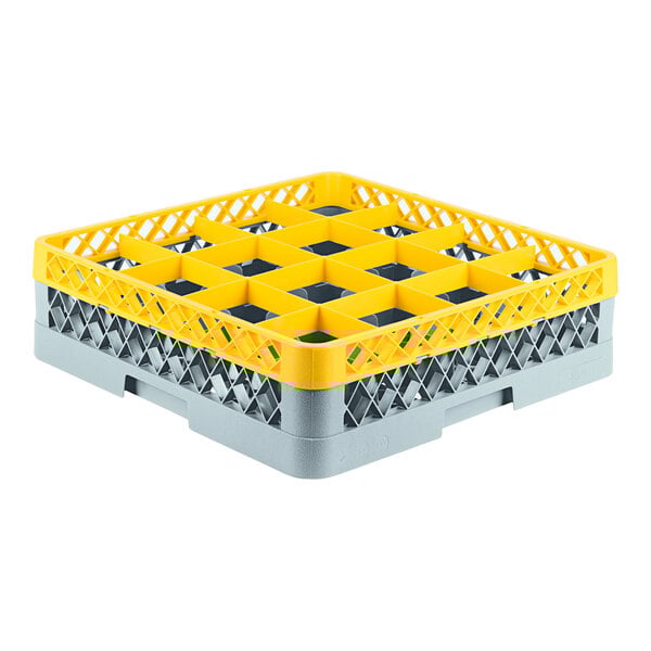 A yellow and gray plastic extender with 16 compartments for glass racks.
