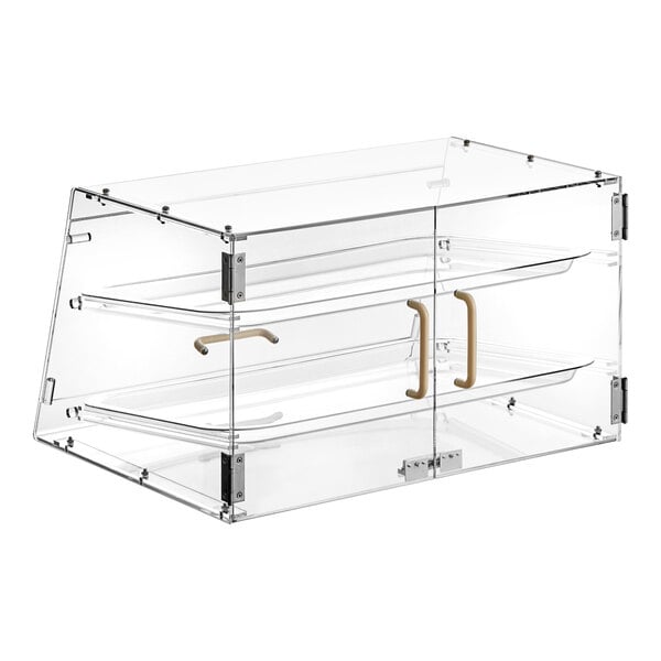 A Choice clear glass bakery display case with two shelves.