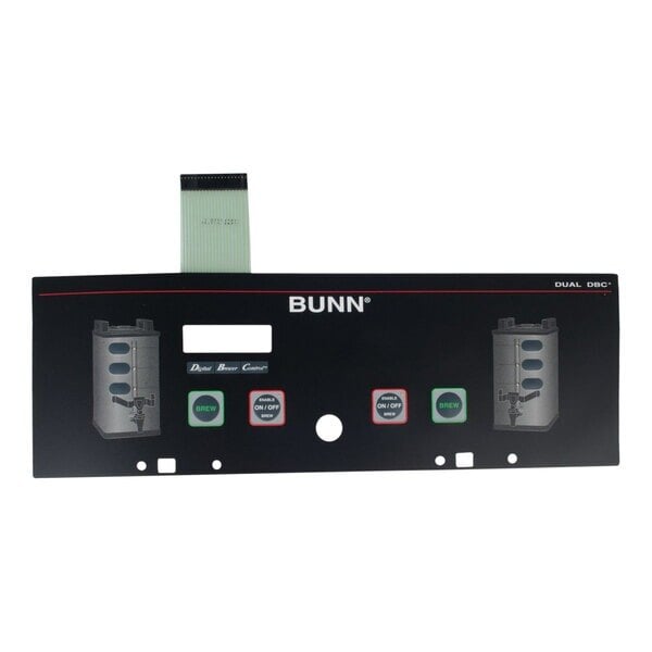 A black rectangular Bunn membrane switch with white text and a ribbon.