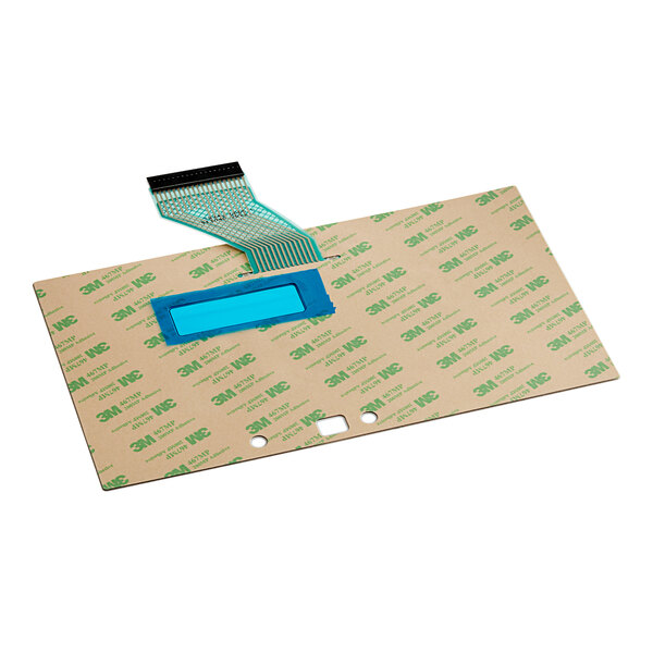 A close-up of a piece of cardboard with a blue label attached to it that says "Bunn 35242.0000 Membrane Switch"