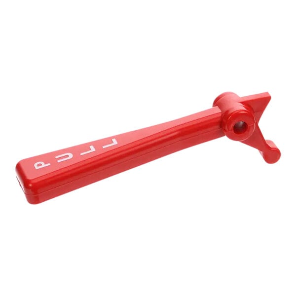 A red plastic Grindmaster-Cecilware faucet handle with white text.