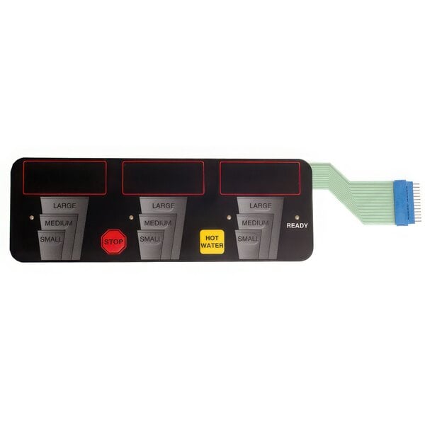 A black rectangular Bunn membrane switch with red and blue connectors.