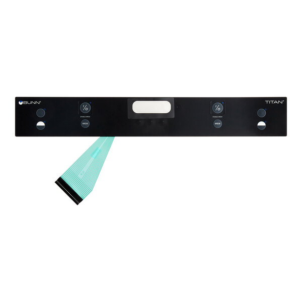 A white rectangular Bunn Switch Membrane with a black background and a blue and black strip.