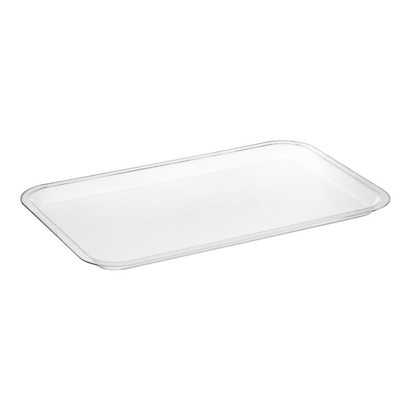 A clear rectangular tray with a silver rim.