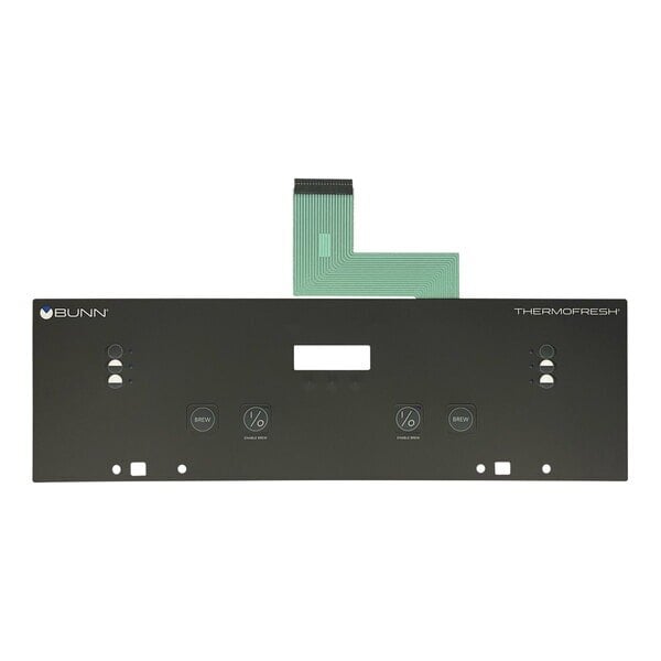 A black rectangular Bunn membrane switch with white text and a ribbon.