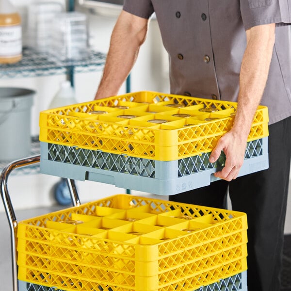 Noble Warewashing 16-Compartment Gray Full-Size Glass Rack with 2 Yellow Extenders