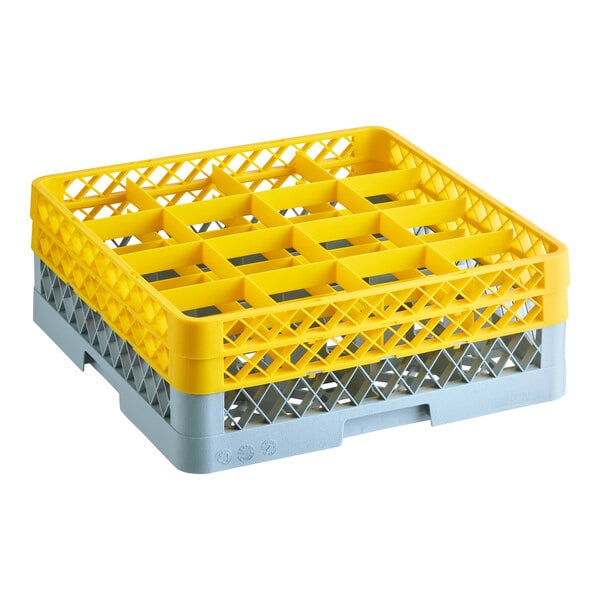 Noble Warewashing 16-Compartment Gray Full-Size Glass Rack with 2 Yellow Extenders