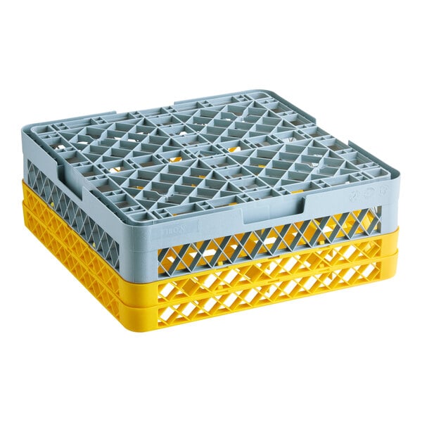 Noble Warewashing 16-Compartment Gray Full-Size Glass Rack with 2 Yellow Extenders