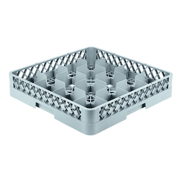 A grey plastic Noble Products glass rack with 16 compartments.