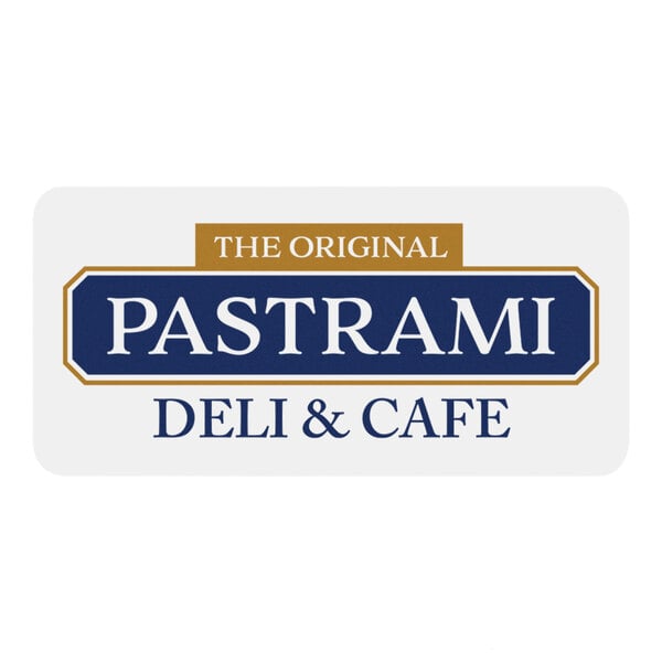 A rectangular label with the text 'THE ORIGINAL PASTRAMI DELI & CAFE' in gold, blue, and white colors.
