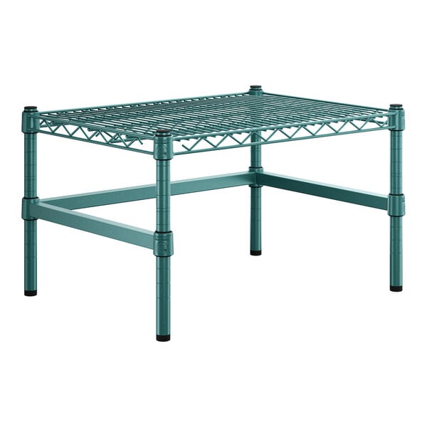 A green metal Regency dunnage rack with black legs.