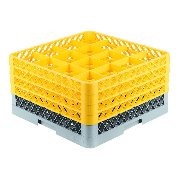 A gray plastic glass rack with yellow extenders.