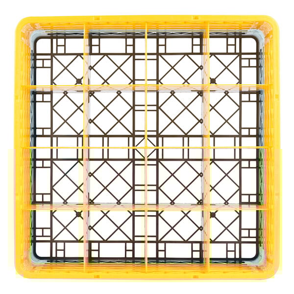A yellow plastic glass rack extender with black and grey grids.