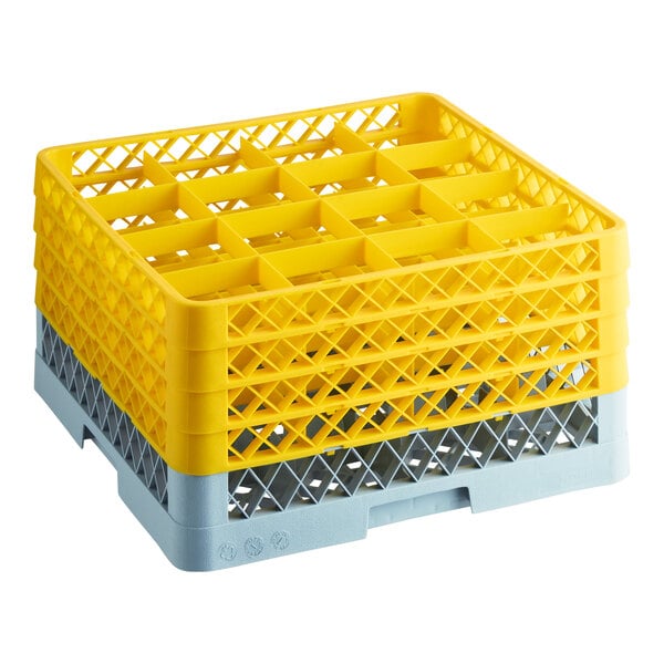 Noble Warewashing 16-Compartment Gray Full-Size Glass Rack with 4 Yellow Extenders