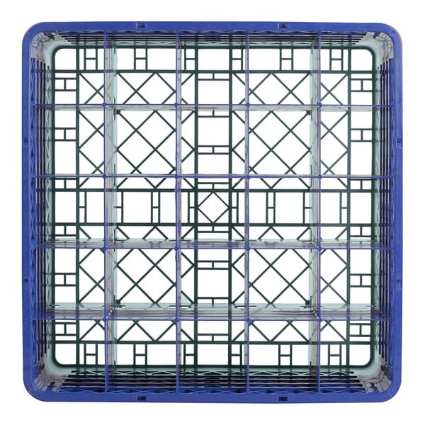 A blue plastic crate with black and blue grids holding a metal structure with black and blue plastic shelves.