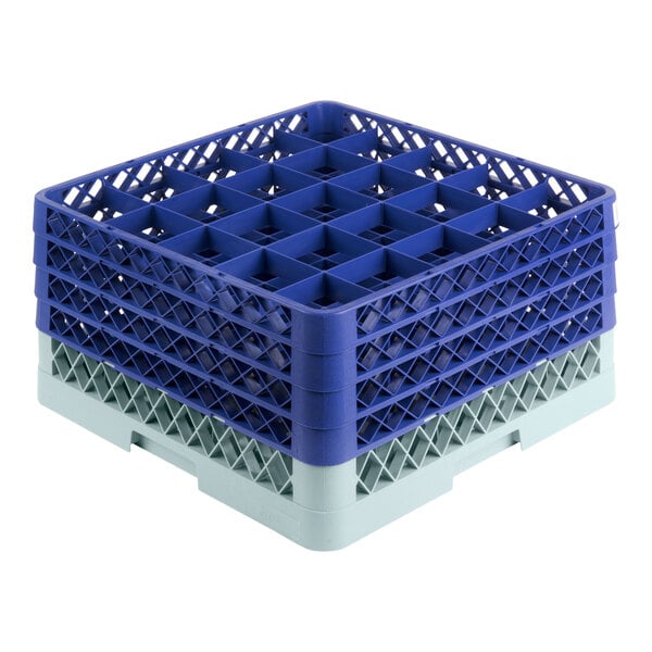 A gray full-size glass rack with 25 compartments and four blue extenders.