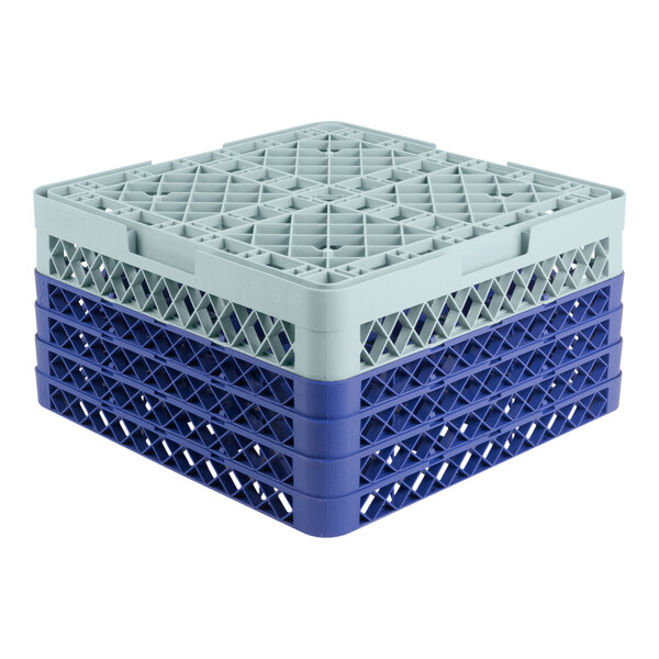 A gray full-size glass rack with four blue extenders and a 25-compartment design.