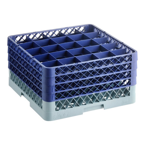 Noble Warewashing 25-Compartment Gray Full-Size Glass Rack with 4 Blue Extenders