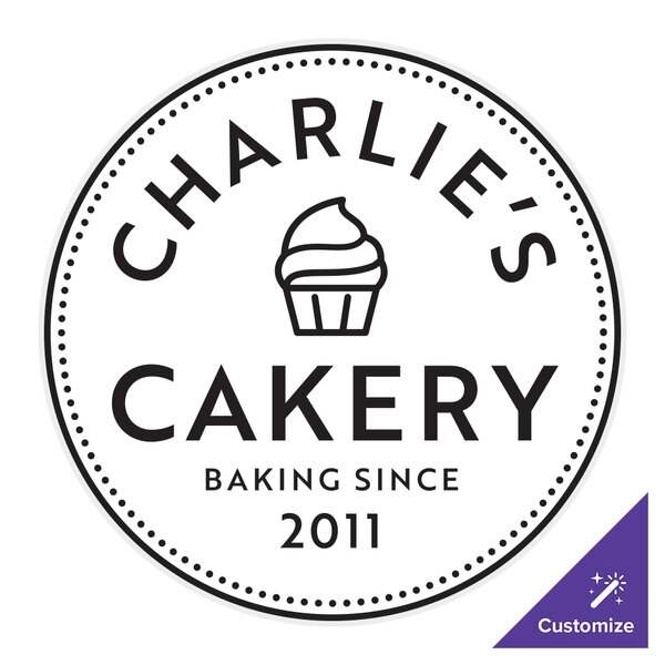 A white circle with black text and a cupcake on it with the text "Charlie's Bakery" and the Noble Products logo.