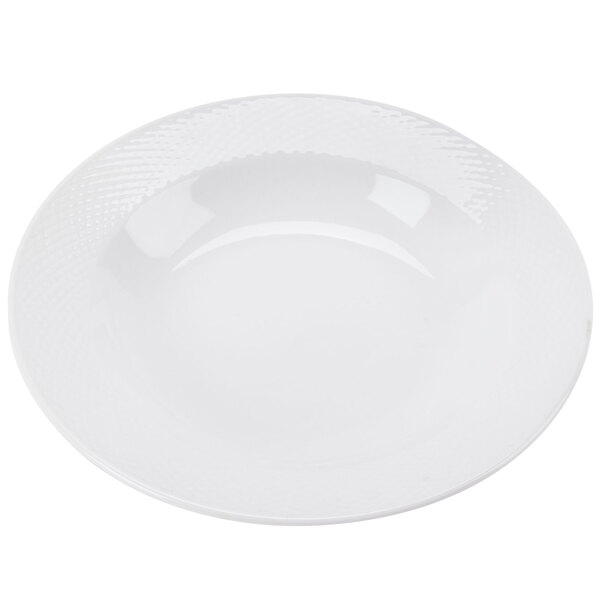 A white porcelain soup bowl with an embossed pattern.